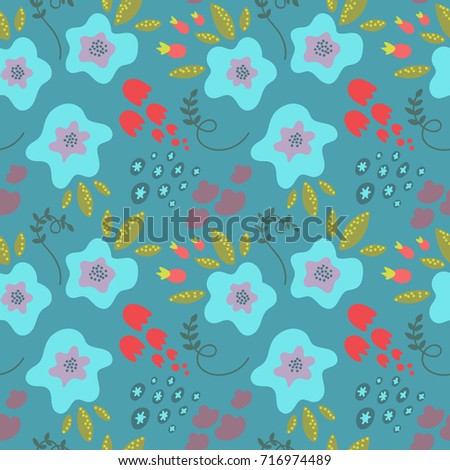 Vector flower pattern. Colorful seamless botanic texture, detailed flowers illustrations. Doodle style, spring floral background