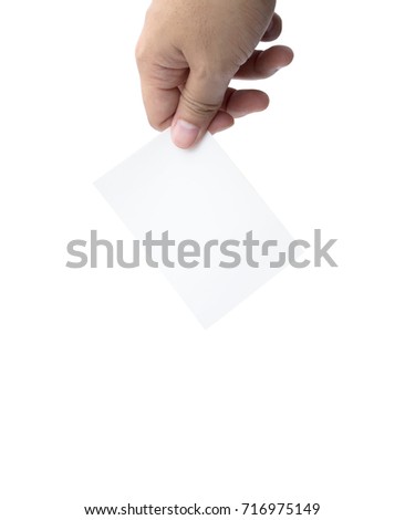 hand hold virtual business card or blank paper isolated on white background