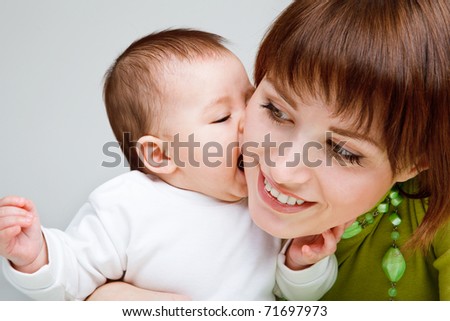 Closeup portrait of a sweet baby and mother