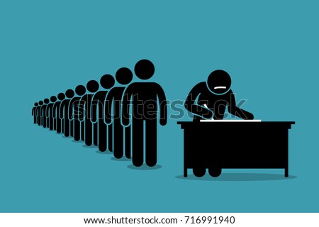 People in line and queue signing for petition with signatures. Vector artwork depicts protest, voting, registration, and declaration. Royalty-Free Stock Photo #716991940