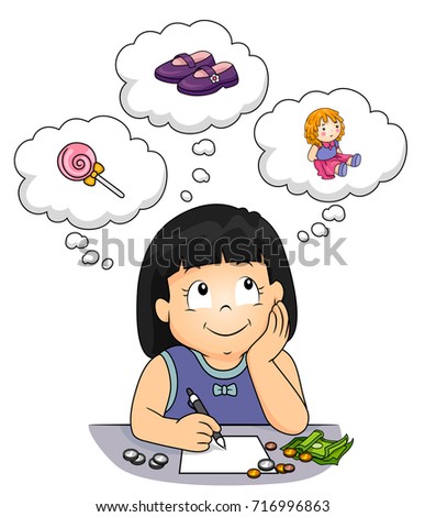 Illustration of a Kid Girl Writing Things to Buy with Her Money from Candies, Shoes to Toy Doll