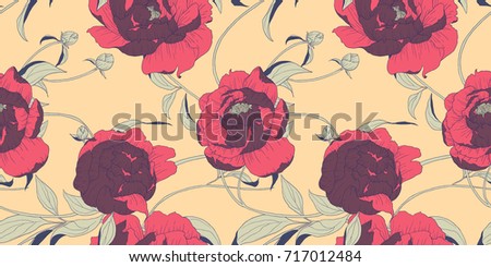 Seamless pattern, hand drawn red Peony flowers on orange background