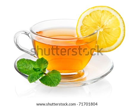tea in cup with leaf mint and lemon isolated on white background Royalty-Free Stock Photo #71701804