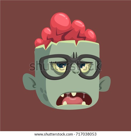 Vector cartoon image of a funny gray zombie with big head frightening someone on a dark background. Design illustration for logo, emblem, print, sticker, t-shirt, party decoration or children book