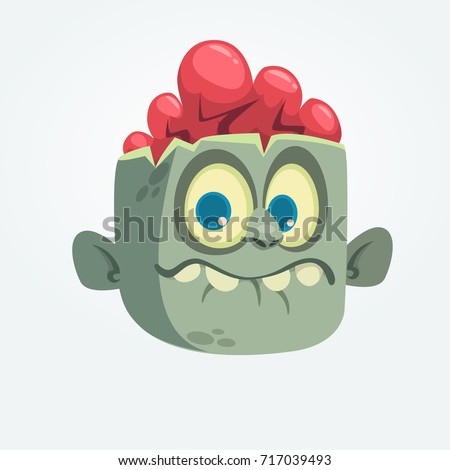 Cartoon funny gray zombie head surprised expression. Halloween vector illustration. Design illustration for logo, emblem, print, sticker, t-shirt, party decoration or children book