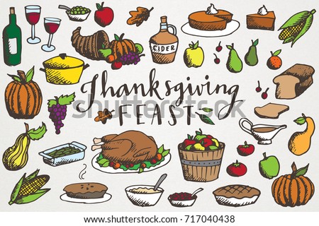 Thanksgiving Feast Clip Art - Hand Drawn Autumn & Fall Food Illustrations