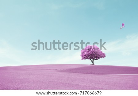 One  tree on open grassland with sky. color tone Style pastel Sweet romantic Abstract fantasy concept Beautiful romantic nature.