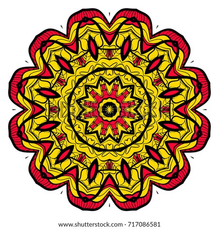 yellow, red, black color flower mandala round ornament design for greeting card, invitation, tattoo. Vector illustration