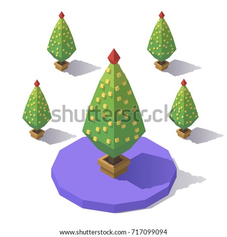 Vector isometric low poly Christmas tree. Tree from different angles.