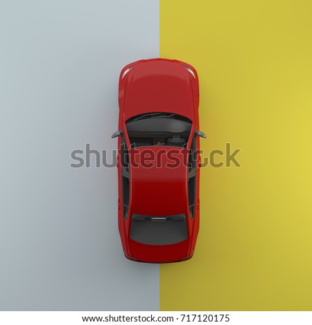 Red car on pastel blue and yellow contrast background. top view. minimal concept idea. used for graphic design or artwork design