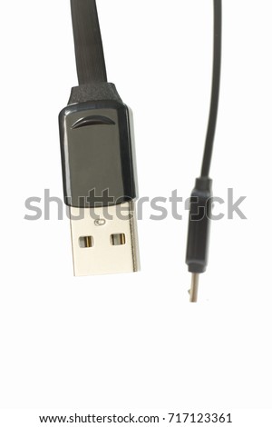 Micro USB cable isolated from white background Sockets and Sockets for PCs and Mobile Phones Computer peripherals or power supply of smartphones Golden bracelet