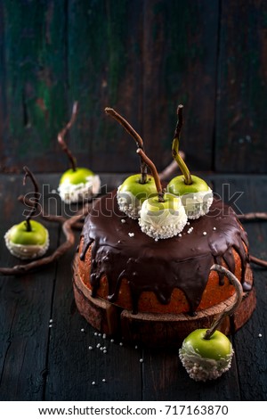 Cake with chocolate icing and green apples