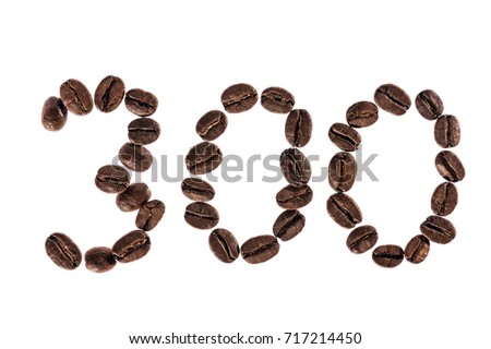 Number 300 from Coffee beans. Isolated on a white background.