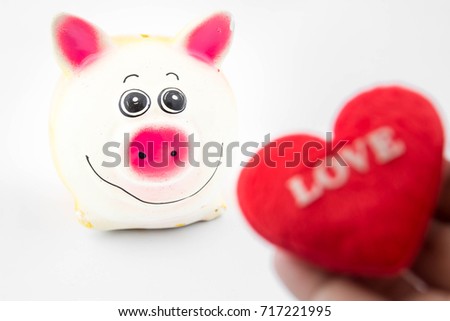 Red heart in woman hand and piggy bank on white background,Save money,Love