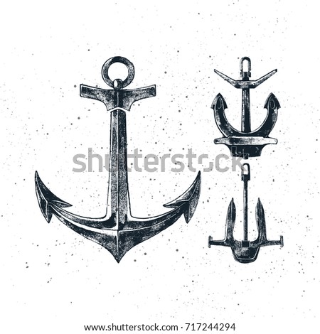 Vintage hand drawn anchors collection. Ink illustration for flayer, poster, logo or t-shirt apparel clothing print. Vector illustration on texture background.