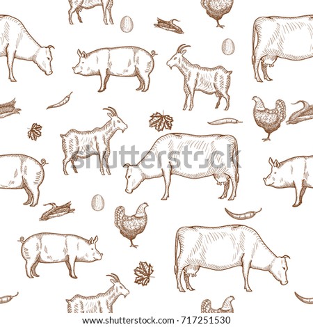 Farm Seamless Pattern with Domestic Animals Hand Drawn Vector illustration