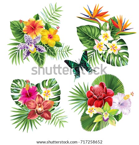 Tropical summer bouquet with palm leaves, exotic flowers and butterflies. Vector illustration.