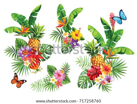 Tropical summer bouquet with palm leaves, exotic flowers, fruits and butterflies. Vector illustration.