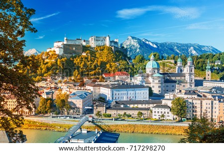 Beautiful view on Salzburg skyline with Festung Hohensalzburg in the summer, Salzburg, Austria Royalty-Free Stock Photo #717298270