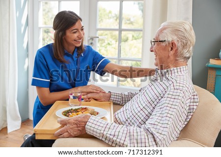 Nurse serving dinner to a senior man in an armchair at home