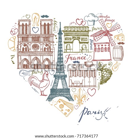 Sketches traditional symbols of the French architecture, culture, kitchen in the shape of a heart