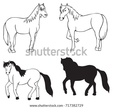 hand drawing on white background animals horse and silhouette