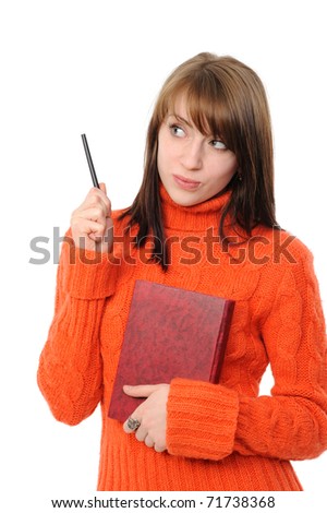 The young woman with a pencil and the note book separately on a white background