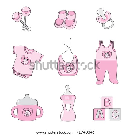 Set of baby elements - pink color for girls - raster version of vector 69947449