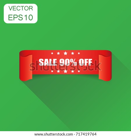 Sale 90% ribbon icon. Business concept sale 90 percent sticker label pictogram. Vector illustration on green background with long shadow.