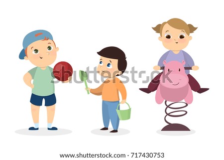 Children at playground. Happy smiling kids playing together on white background.