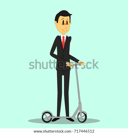A man (a cartoon businessman) in a business suit standing next to a scooter.