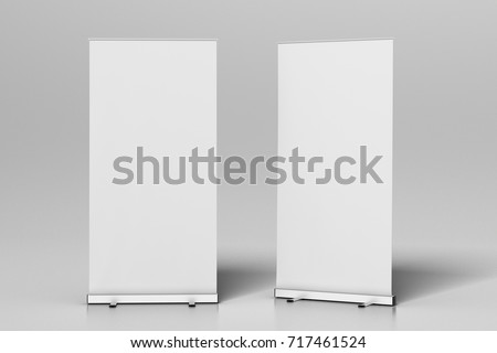 Two blank roll up banner stands isolated on white. Include clipping paths around ad banners. 3d illustration