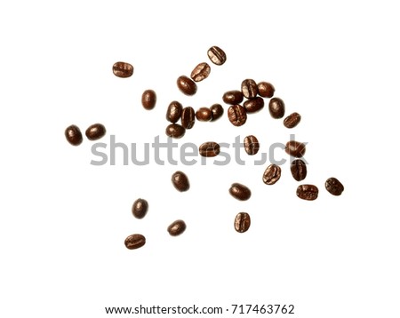 Photo image of coffee beans isolated on white background, picture decor for coffeehouse, scattered grain, dark roasted seed
