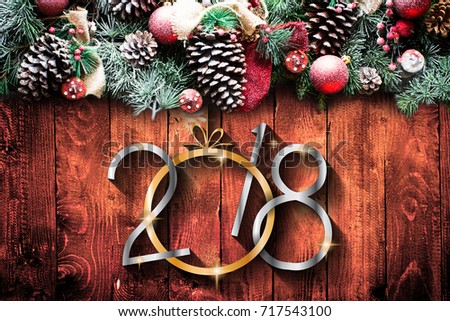 2018 Happy New Year and  Merry Christmas Frame with Snow and real wood green pine