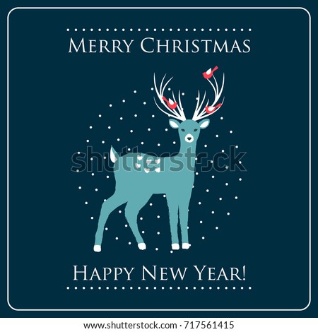 New Year and Christmas card with a deer. Vector illustration.