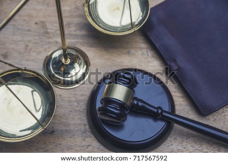 Law concept - wooden judges gavel on table  or law enforcement office .