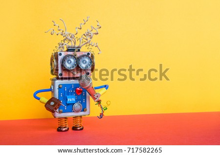 Friendly entertainer robot with microphone. Music lecture performance poster design. Smiley face cyborg toy, yellow wall red ground decoration background