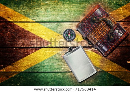 Vintage objects, flask,chest box,compass and flag