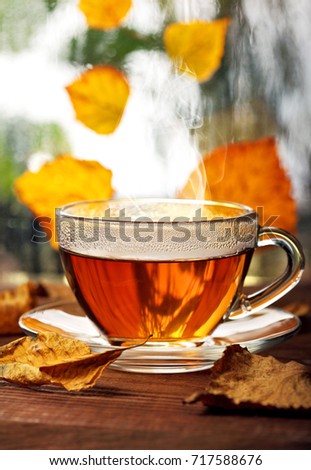 Cup of hot tea .Defocused rainy window and autumn trees on second plan.Selective focus.Autumn concept .Hot beverages