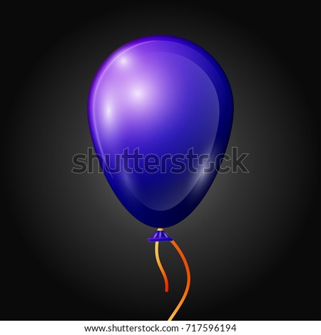 Realistic blue balloon with ribbon isolated on black background. Illustration of shiny colorful glossy balloon
