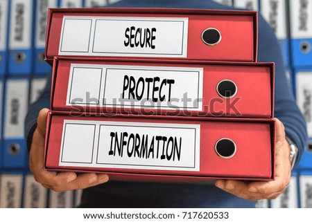Secure, Protect, Information concept words. Folder concept. Ring binders.