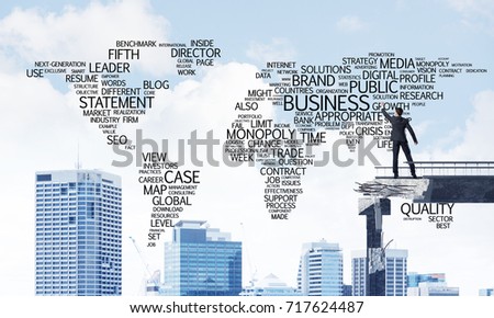 Businessman in suit writing business-related terms in form of world map while standing on broken bridge with cityscape on background. 3D rendering.