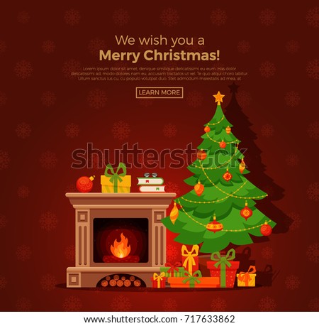 Christmas fireplace room interior in colorful cartoon flat style. Christmas tree, gifts, decoration, fireplace. Cozy noel xmas night celebration interior vector illustration.