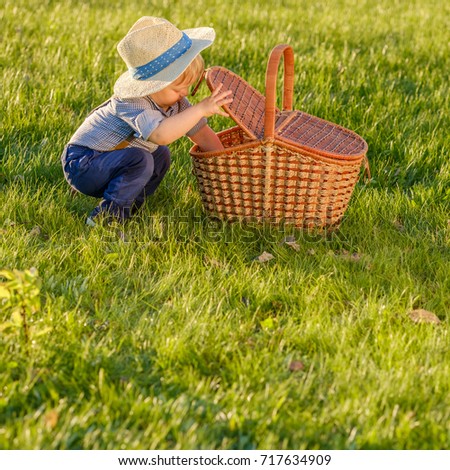 Portrait of toddler child outdoors. Rural scene with one year old baby boy wearing straw hat looking in picnic basket