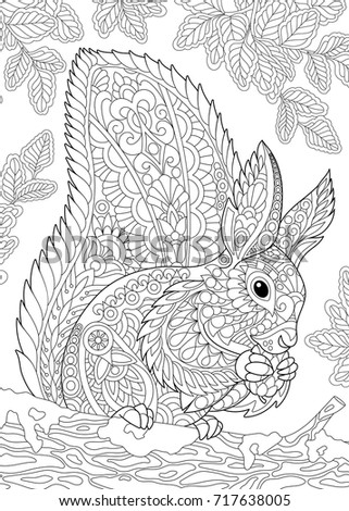 Coloring page of squirrel eating pine cone. Freehand sketch drawing for adult antistress coloring book in zentangle style.