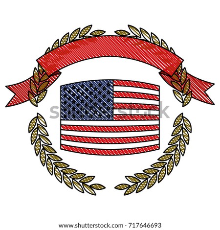 united states flag inside of circle of olive branches with ribbon on top in colored crayon silhouette vector illustration