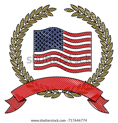 united states flag waving inside of crown of olive branches with ribbon on bottom in colored crayon silhouette vector illustration