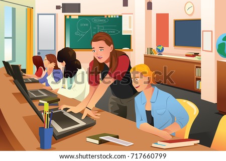 A vector illustration of Female Teacher in Computer Class with Students
