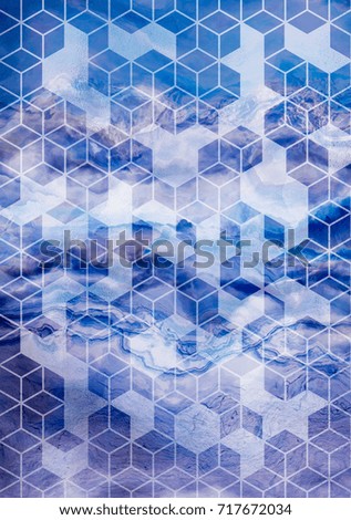 Watercolor marble background with geometric cube pattern. 
