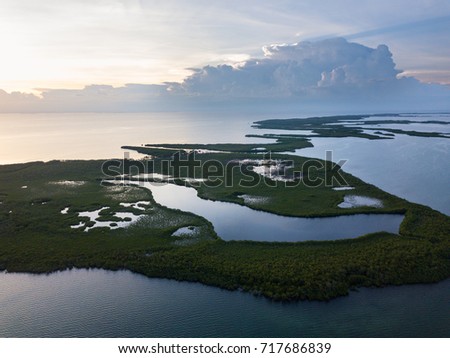 The sun begins to set over mangrove islands on the edge of Turneffe Atoll in Belize. The area supports a wide variety of marine life and mangroves serve as nurseries for fish and invertebrates. Royalty-Free Stock Photo #717686839